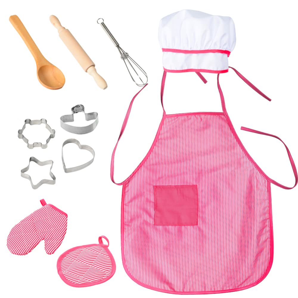 Ensemble de cuisine pour enfants Garvee, 11 pièces, avec toque et tablier de chef à rayures rouges pour jouer à la cuisine, lavable et sûr, rouge