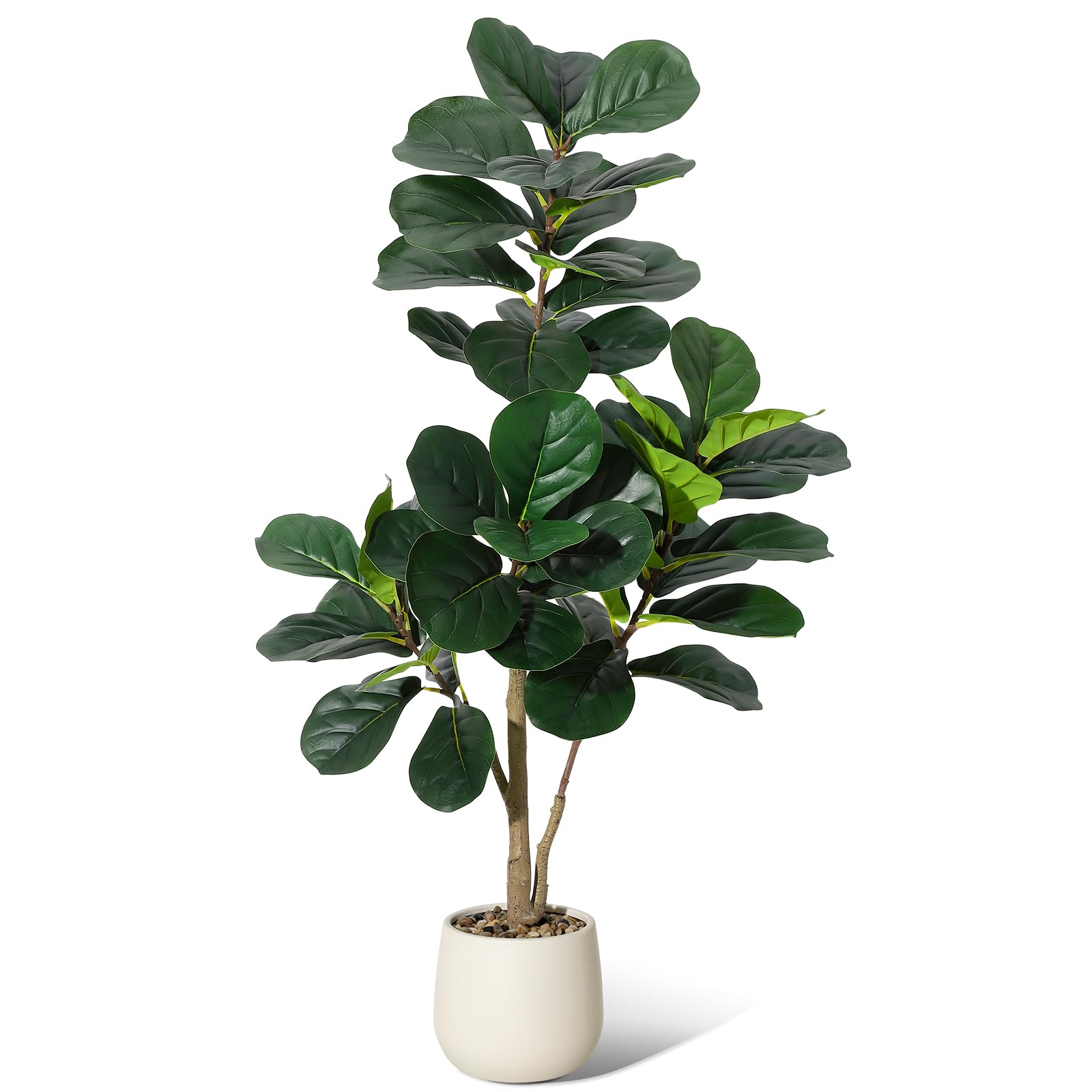 Ficus lyrata artificiel Garvee de 120 cm (4 pi) avec 48 feuilles, pot blanc de 20 cm (7,8 po), base en ciment robuste pour salon et bureau