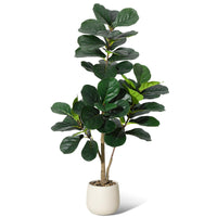 Ficus lyrata artificiel Garvee de 120 cm (4 pi) avec 48 feuilles, pot blanc de 20 cm (7,8 po), base en ciment robuste pour salon et bureau