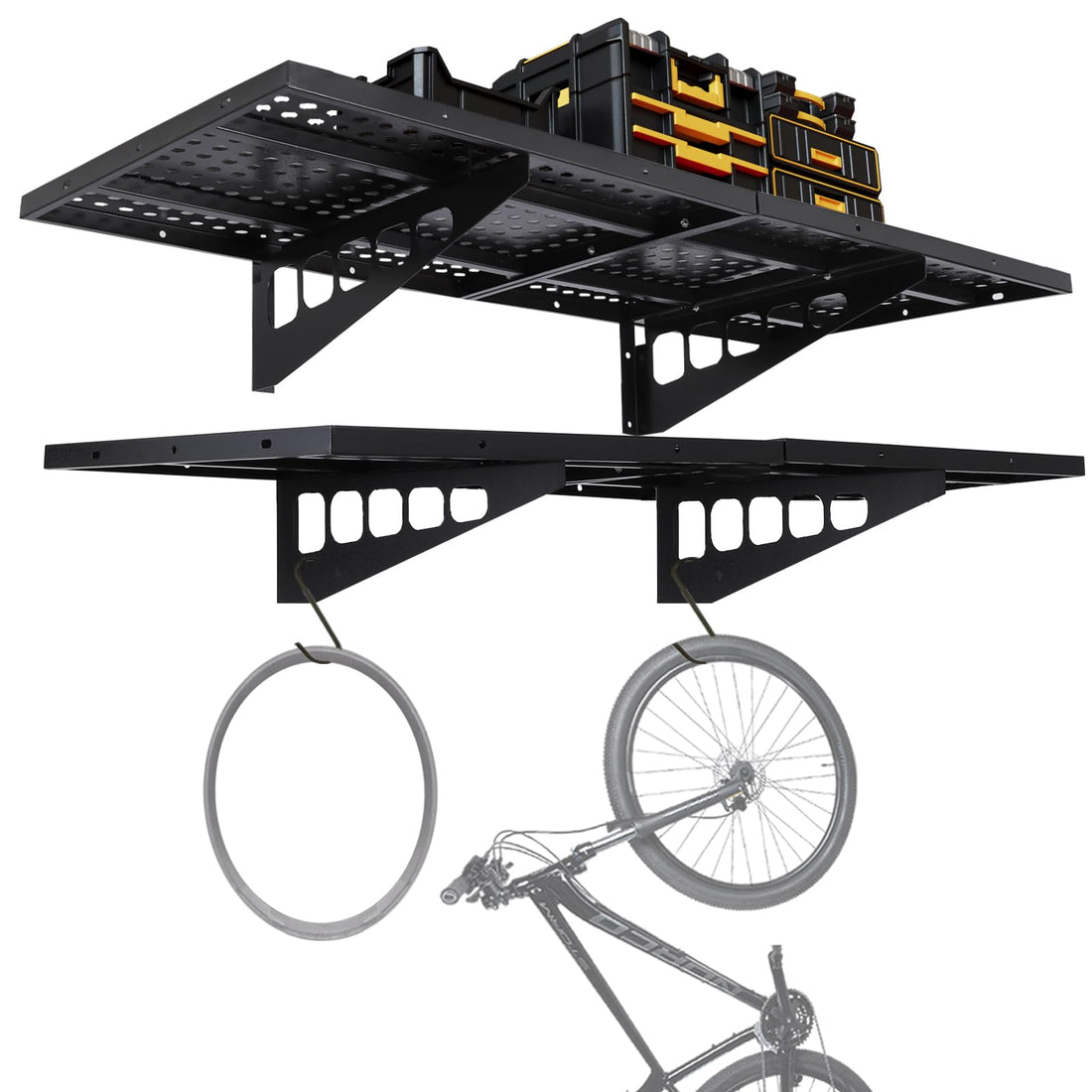 Étagère murale de garage Garvee (lot de 2) en acier robuste, 48,8 x 121,2 cm, revêtement en poudre, avec crochets, capacité de charge de 254 kg, fixation par vis.