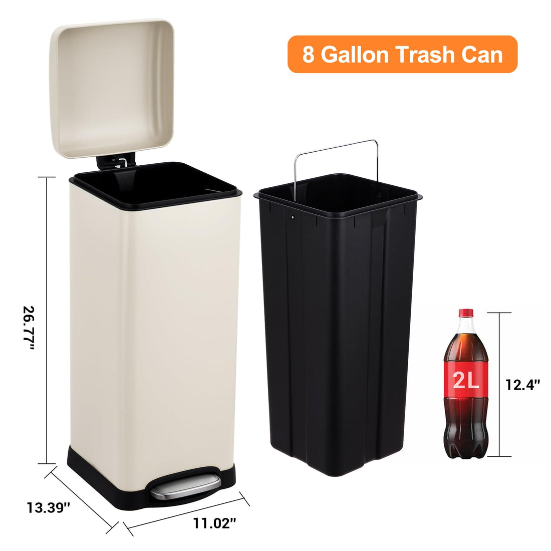 Poubelle rectangulaire Garvee 8 gal/30 L en acier inoxydable avec couvercle à fermeture douce, idéale pour la cuisine et la salle à manger. Revêtement anti-traces de doigts et seau intérieur inclus.