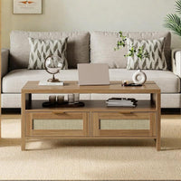 Garvee table basse bohème à 2 niveaux avec rangement, rotin et MDF, 2 tiroirs, style mid-century, chêne, salon et chambre