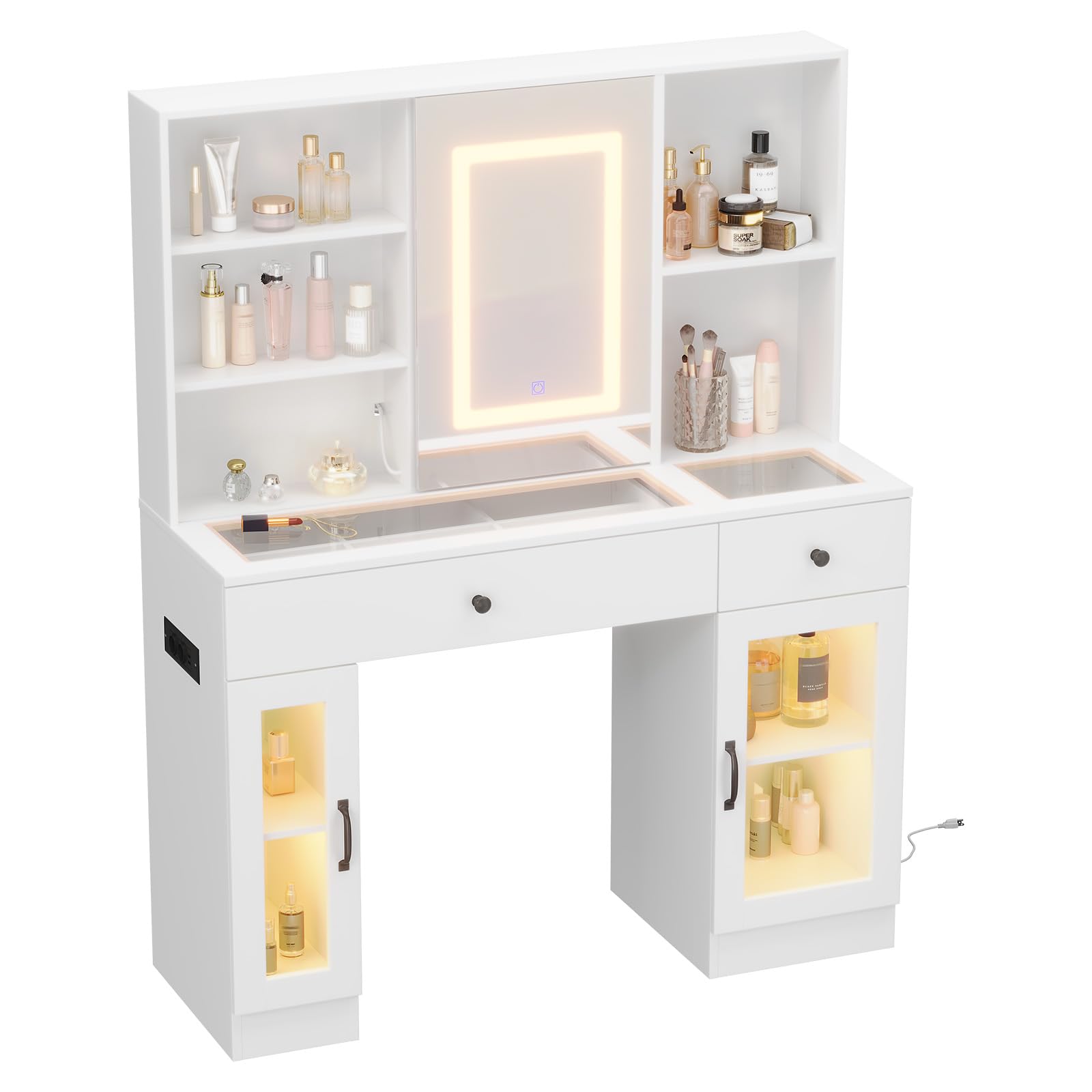Garvee Coiffeuse avec Miroir LED 3 Couleurs, Plateau en Verre Effet Arc-en-Ciel, MDF Résistant, Tiroirs, Ports USB et Prises AC, Idéale Maquillage