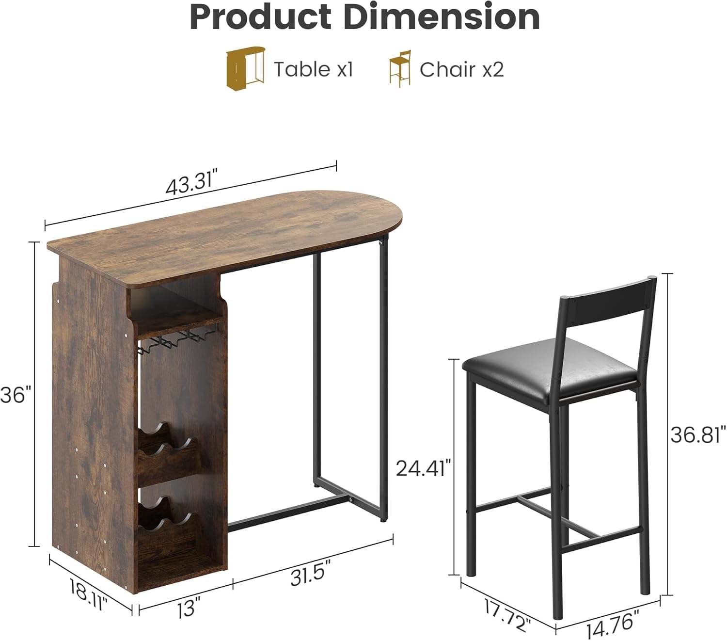 Ensemble table et chaises de bar Garvee pour 2 personnes avec casier à vin et coussins en velours, multifonctionnel et peu encombrant pour la cuisine et la salle à manger, moderne et confortable.