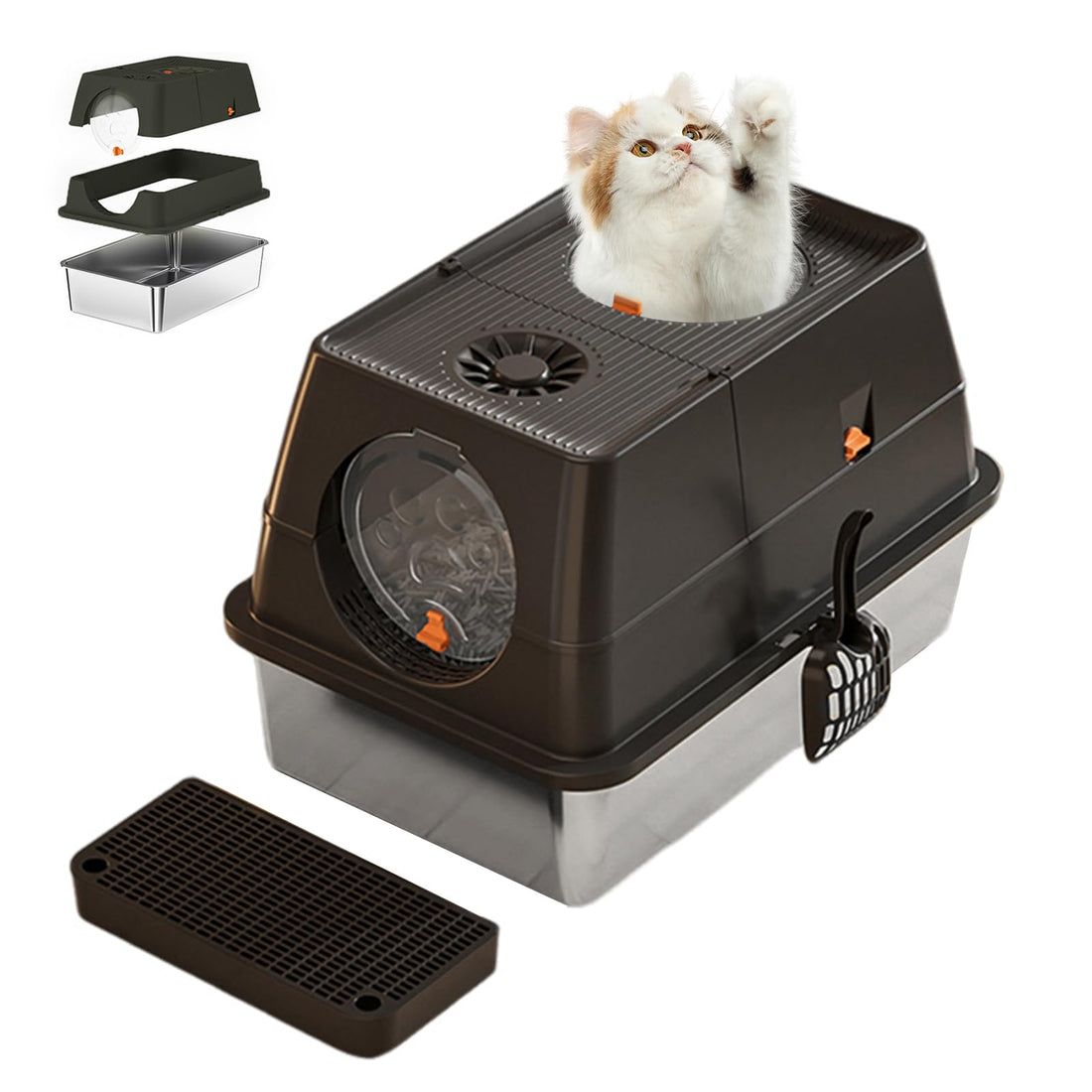 Bac à litière Garvee en acier inoxydable avec couvercle, grande ouverture sur le dessus, antidérapant, pour chats et chiens, 60 cm (L) x 40 cm (l) x 44 cm (H)