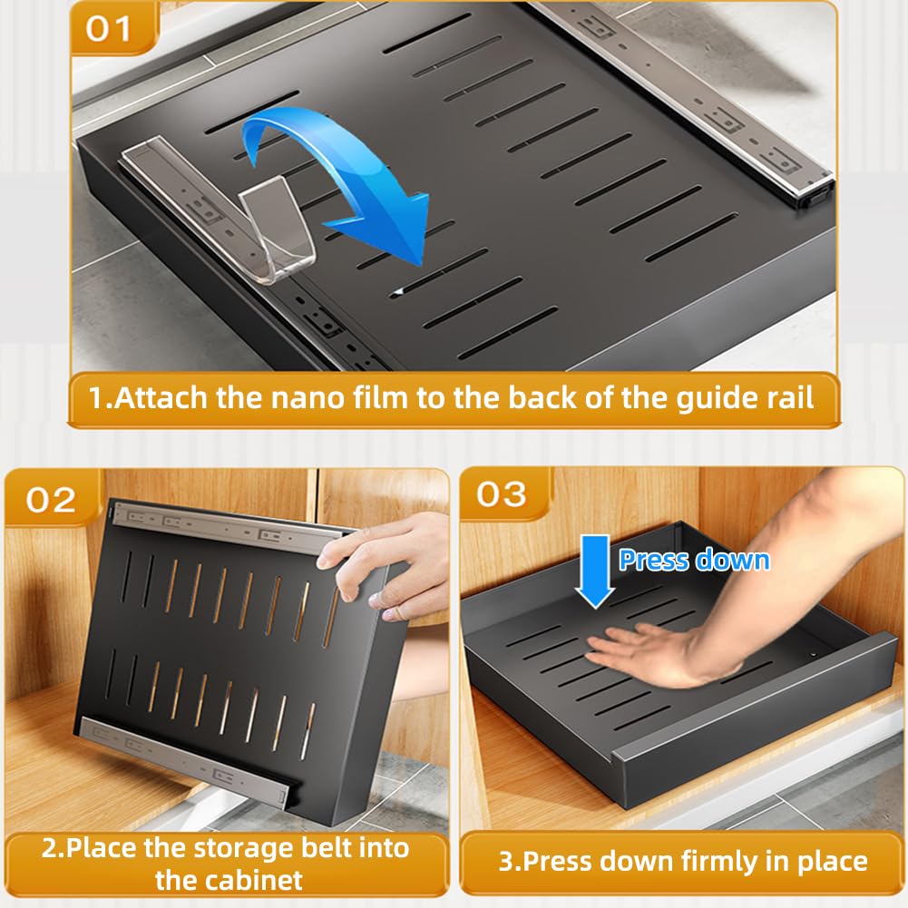 Garvee organisateur de placard de cuisine extensible en acier au carbone, 25 cm de grand, pour la cuisine et la salle de bain, silencieux, auto, adhésif, capacité de charge de 25 kg
