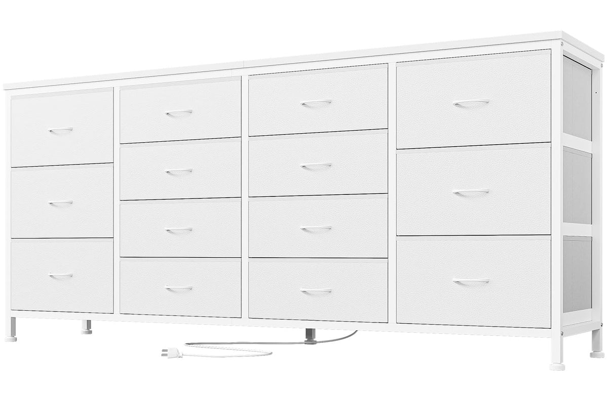Garvee Meuble TV blanc 160 cm avec 14 tiroirs, prises électriques, pour chambre et salon, en tissu et bois, durable et anti-basculement