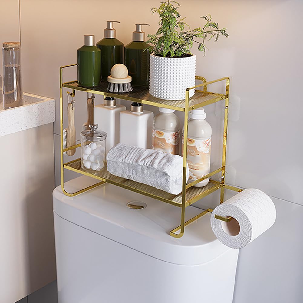 Étagère de salle de bain GARVEE, 2 niveaux avec porte-papier toilette et 2 crochets, argentée, 45 x 16 x 36 cm, gain de place et moderne