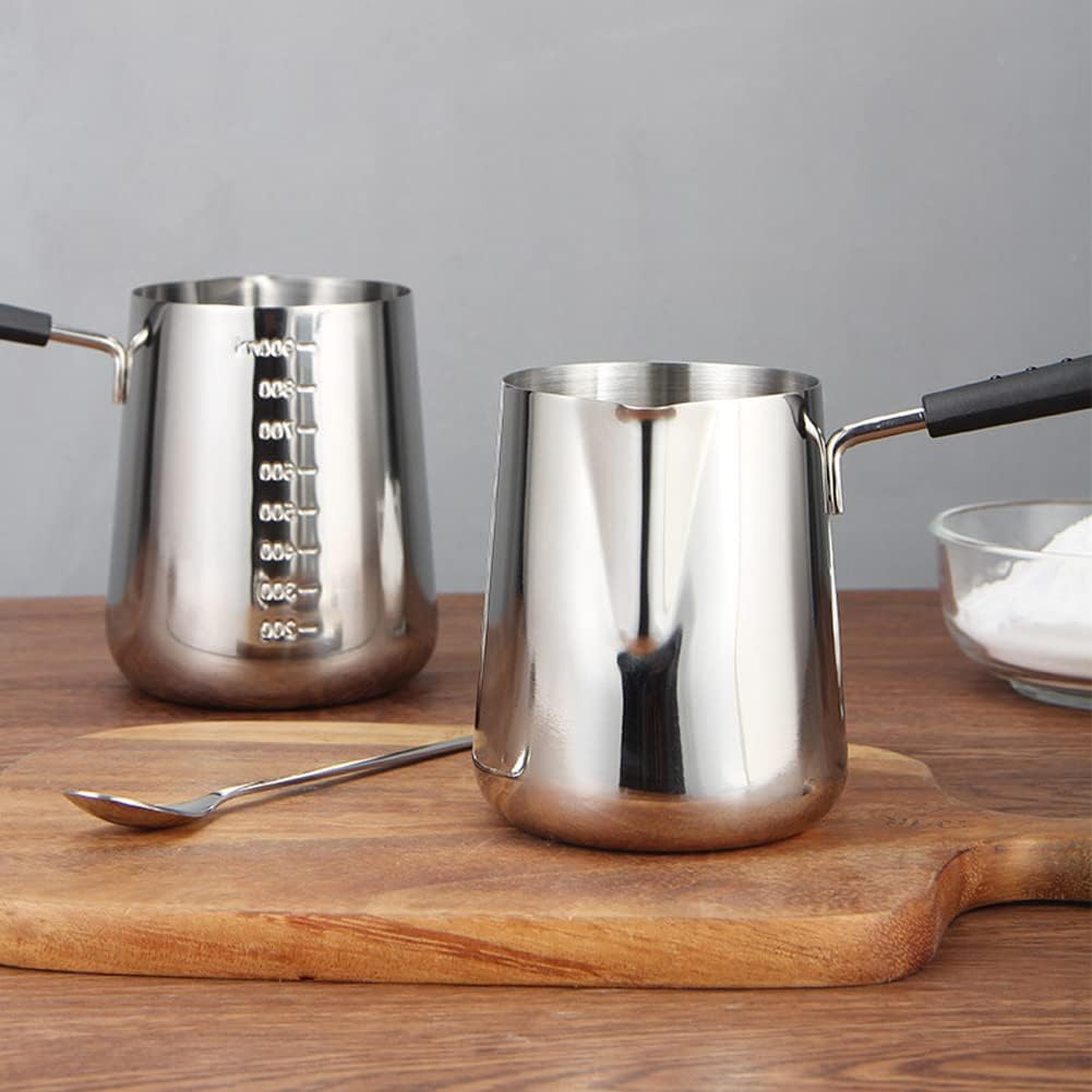 Casserole Garvee Pentolino en acier inoxydable avec poignée thermo-réfléchissante, graduation, bec verseur, répartition de la chaleur sur 3 niveaux pour la cuisson et la préparation du café, plusieurs tailles, argent