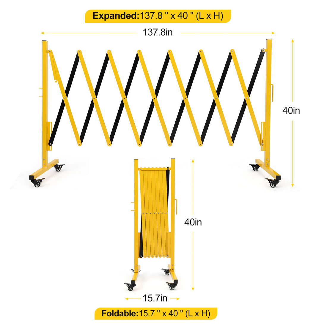 Garvee Barrière métallique extensible 3.35 m avec roulettes, pliable et mobile, pour chantiers, parkings et zones de sécurité
