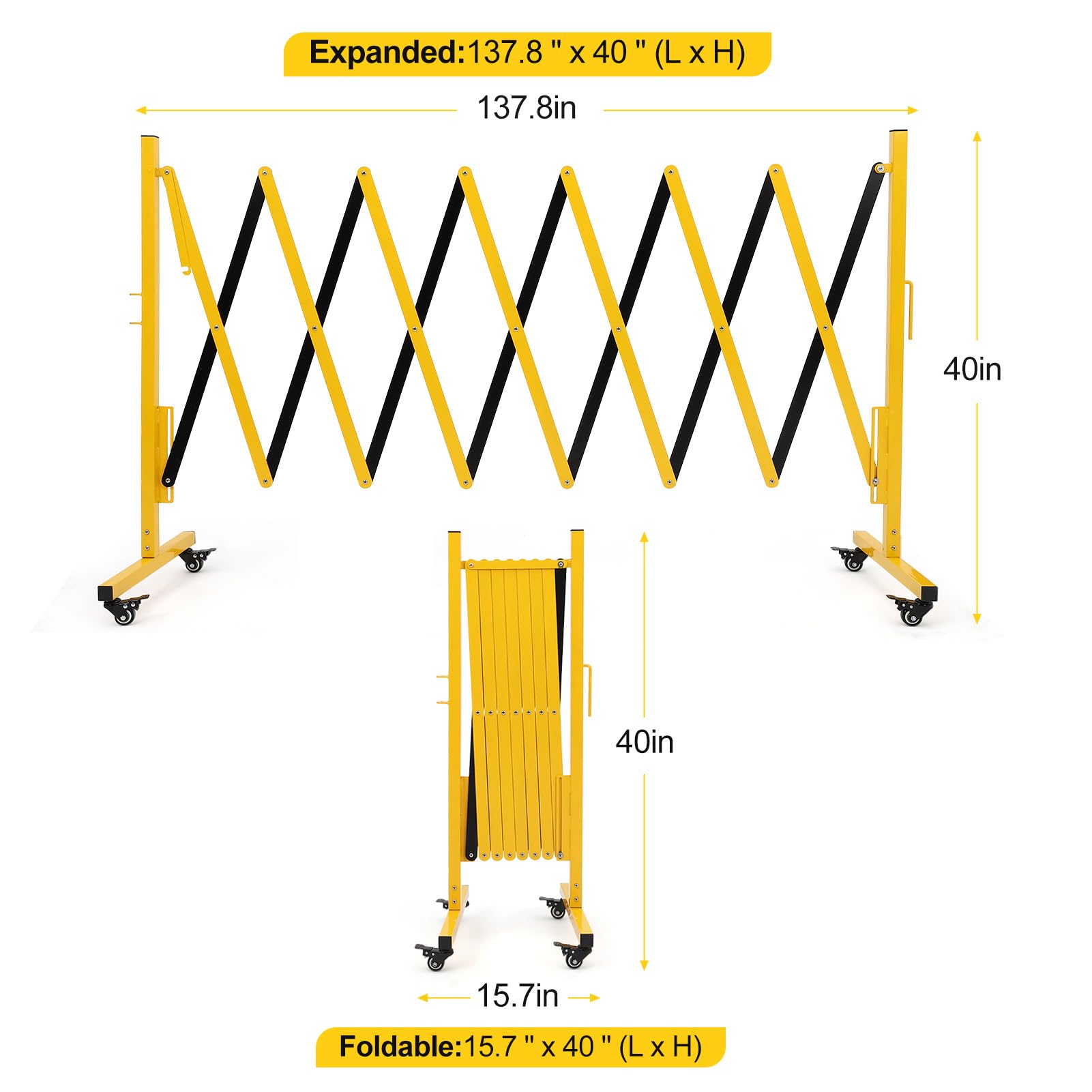 Barrière métallique extensible industrielle Garvee de 3,35 m (11 pi) avec roues, pliable, en alliage d'aluminium, pour chantiers et parkings, robuste et facile à assembler.