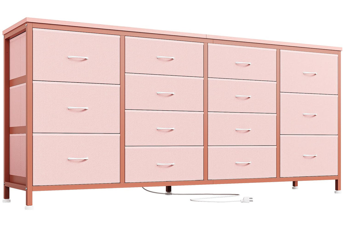 Garvee Meuble TV 63 po (160 cm) de large pour téléviseurs de 65 à 75 po (165 à 190 cm), 14 tiroirs, plateau en tissu et bois, protection anti-basculement, pour chambre et salon, durable et sûr