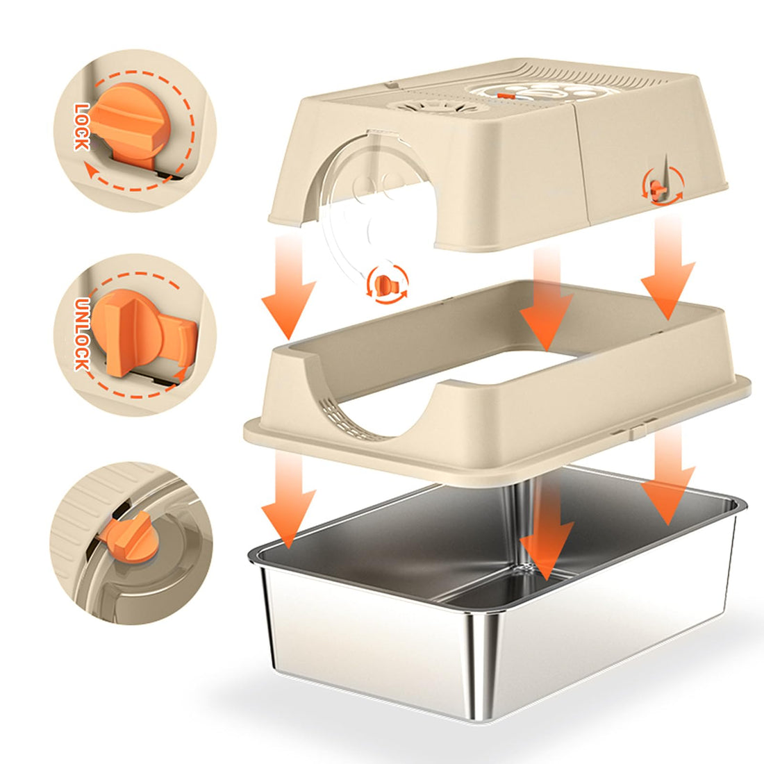 Bac à litière pour chat Garvee en acier inoxydable avec couvercle, extra large, double entrée, robuste, 60 x 40 x 39 cm, argent