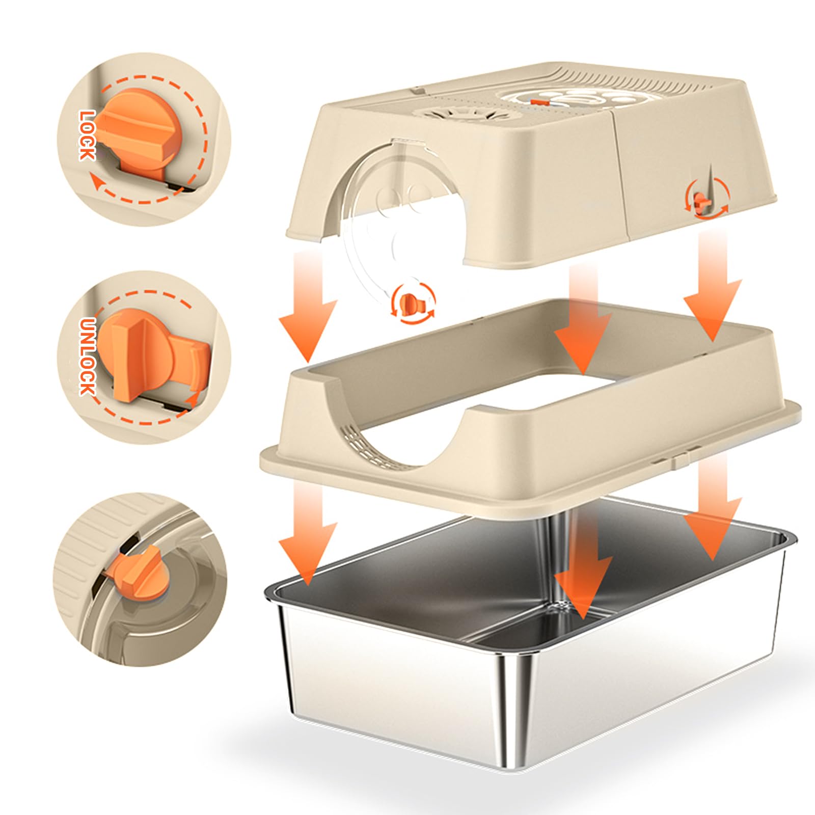 Bac à litière pour chat Garvee en acier inoxydable avec couvercle, extra large, double entrée, robuste, 60 x 40 x 39 cm, argent