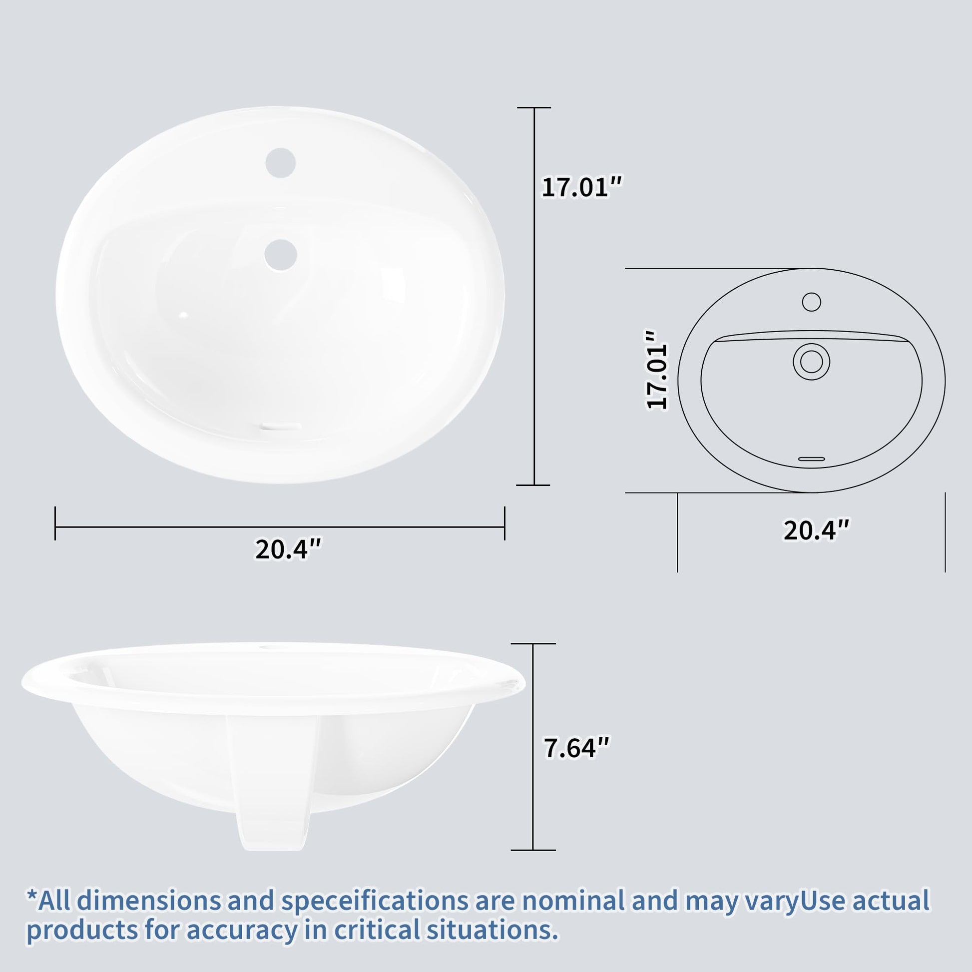 Lavabo ovale encastré Garvee 51 x 43 cm (20 x 17 pouces) en céramique blanche résistante aux rayures, idéal pour les petites salles de bain.