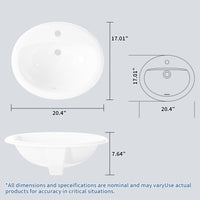 Lavabo ovale encastré Garvee 51 x 43 cm (20 x 17 pouces) en céramique blanche résistante aux rayures, idéal pour les petites salles de bain.
