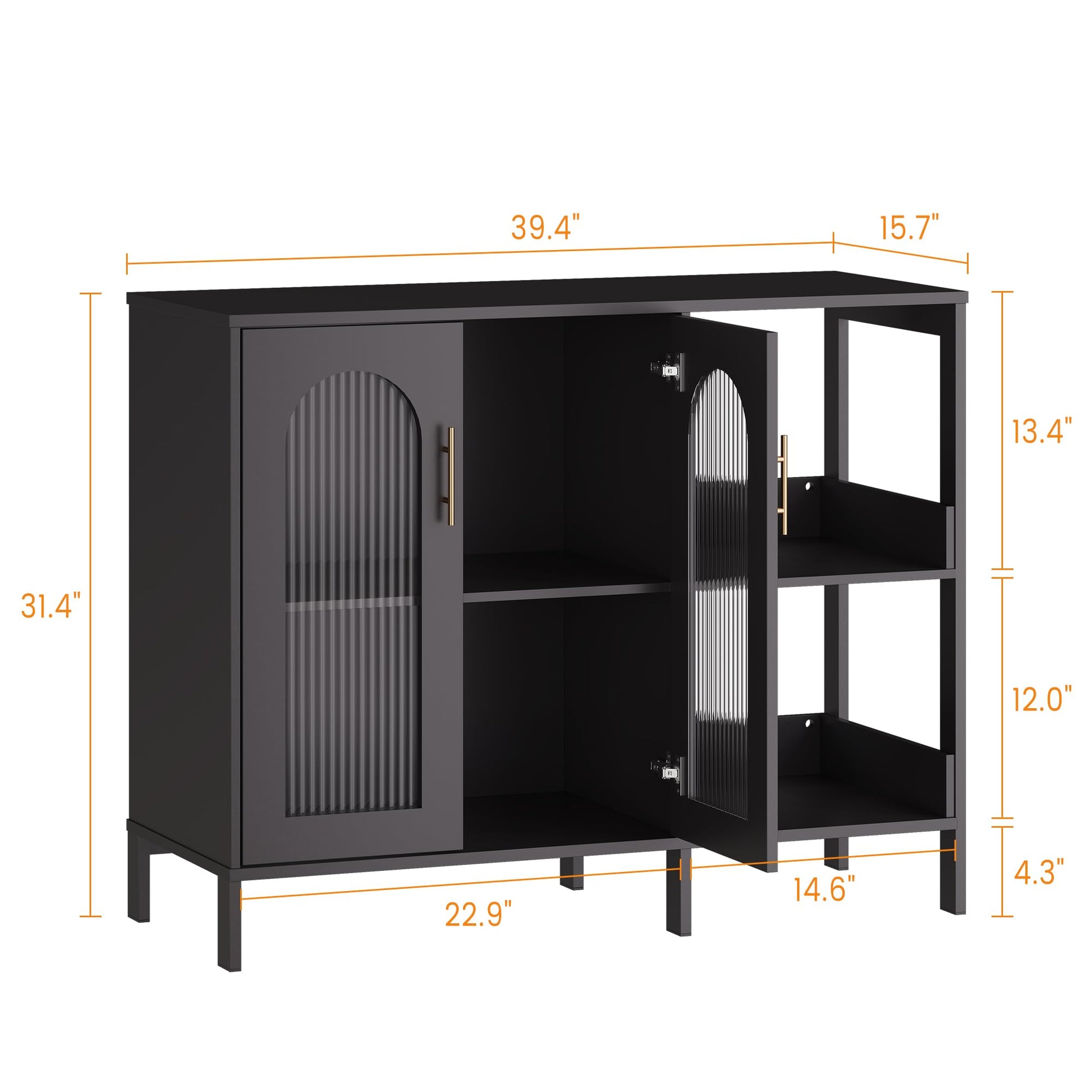 Buffet vitré Garvee avec poignées en métal, étagères réglables, structure en bois massif, portes en verre texturé noir, idéal pour le salon et la salle à manger, 110,5 cm (P) x 46 cm (L) x 18 cm (H)