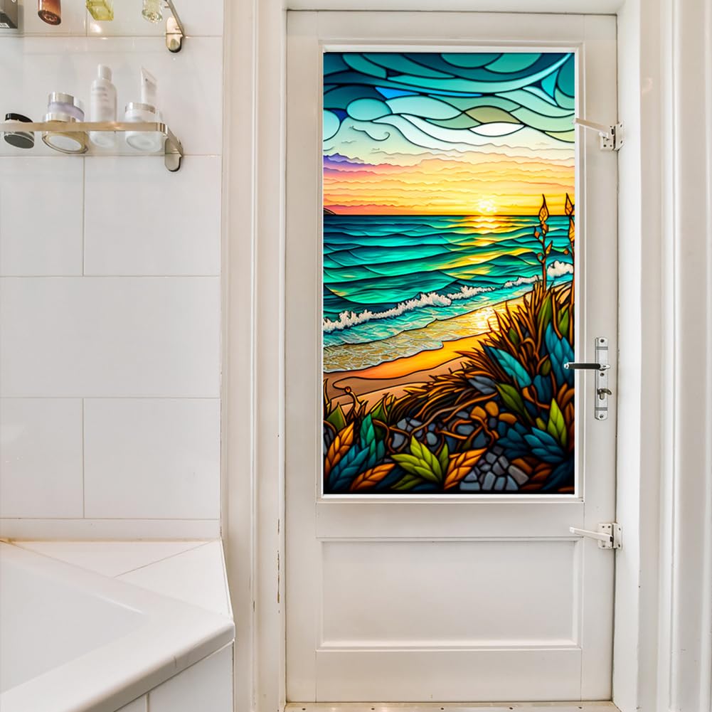 Film pour fenêtre PVC Garvee 60x100cm, motif coucher de soleil en bord de mer, protection UV, isolation thermique, coloré, pour fenêtres résidentielles et de bureaux
