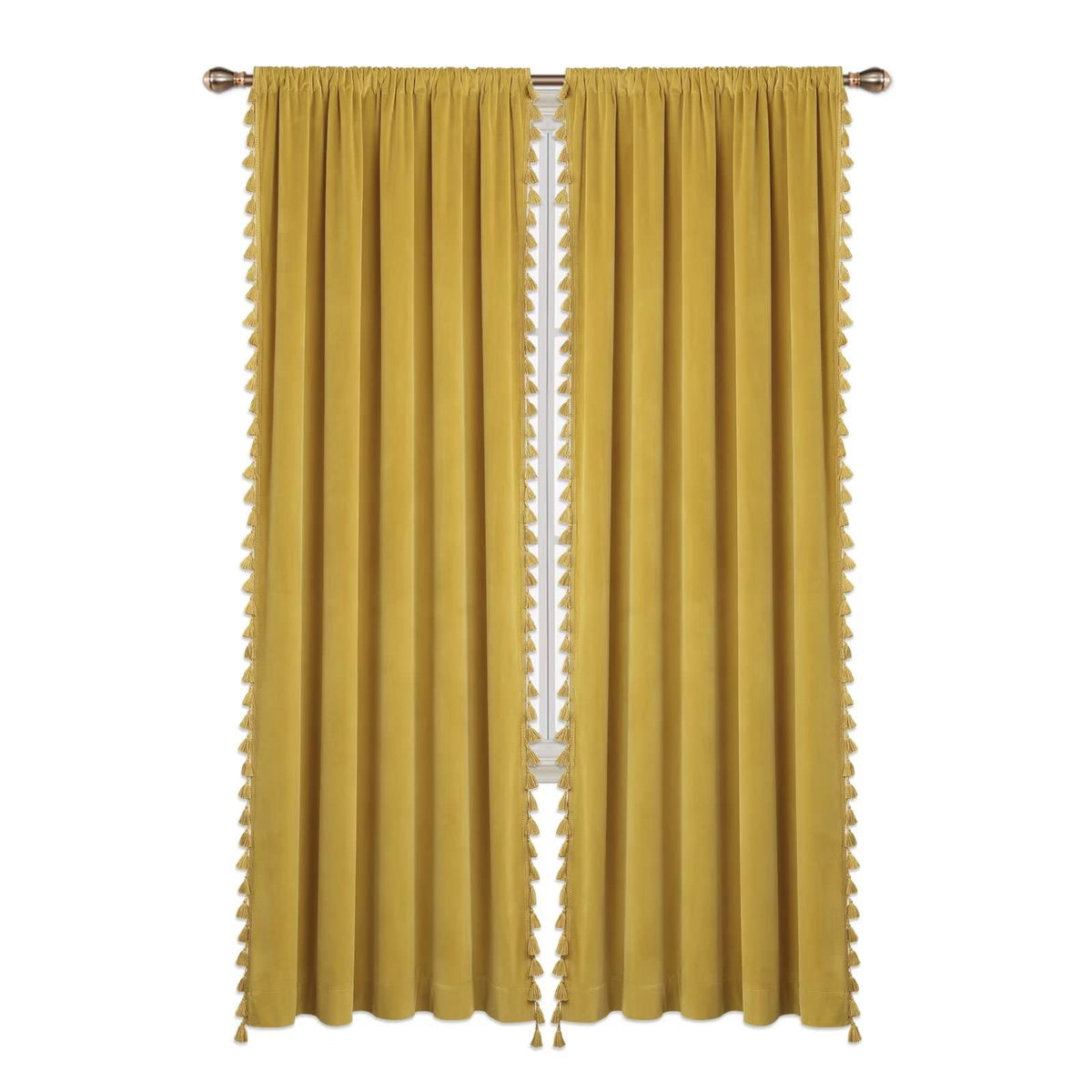 Rideaux Garvee en velours jaune 107 x 244 cm, occultants et insonorisants, 100 % polyester, style bohème, à pompons, pour salon ou chambre.