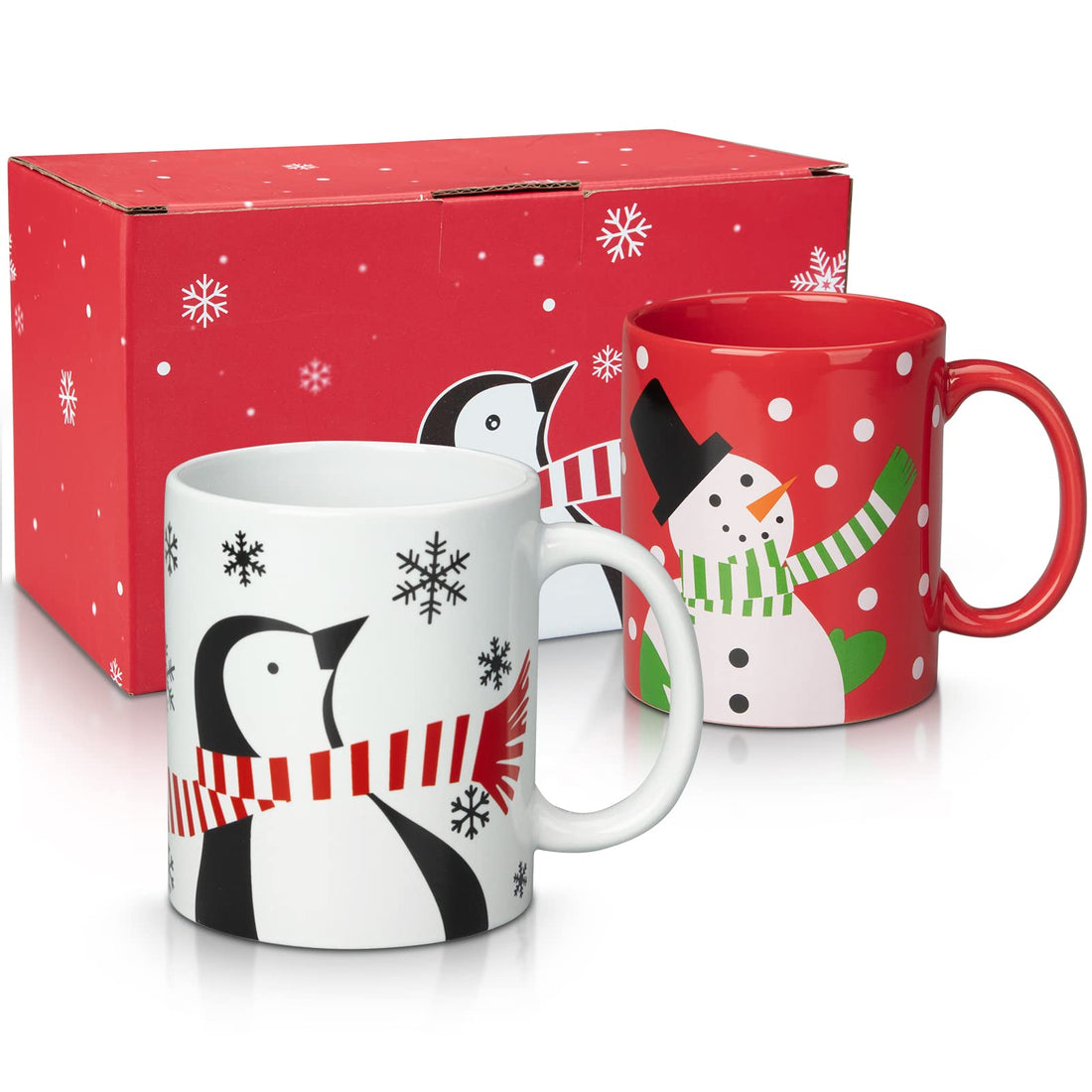 Coffret de 2 tasses de Noël Garvee, Bonhomme de neige et Pingouin, 35 cl, Céramique, Compatible micro-ondes et lave-vaisselle, Coffret cadeau, Décor festif