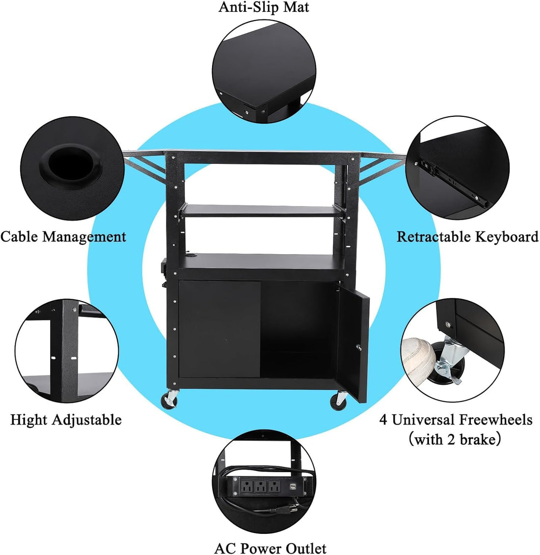 Garvee Chariot audiovisuel roulant avec armoire verrouillable, hauteur réglable, support pour ordinateur portable, acier, poste de travail mobile, espace de rangement, idéal pour les bureaux, noir