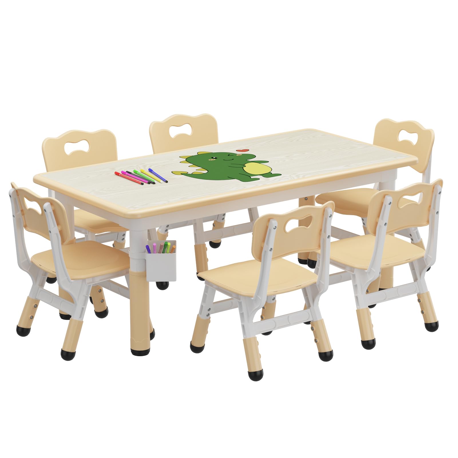 Garvee Ensemble Table et 6 Chaises pour Enfants, Hauteur Réglable, Plateau en Bois Motif Graffiti, Pieds Antidérapants, 120 × 60 cm, Bois Naturel