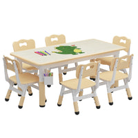 Garvee Ensemble Table et 6 Chaises pour Enfants, Hauteur Réglable, Plateau en Bois Motif Graffiti, Pieds Antidérapants, 120 × 60 cm, Bois Naturel