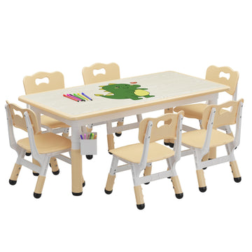 Garvee Ensemble Table et 6 Chaises pour Enfants, Hauteur Réglable, Plateau en Bois Motif Graffiti, Pieds Antidérapants, 120 × 60 cm, Bois Naturel