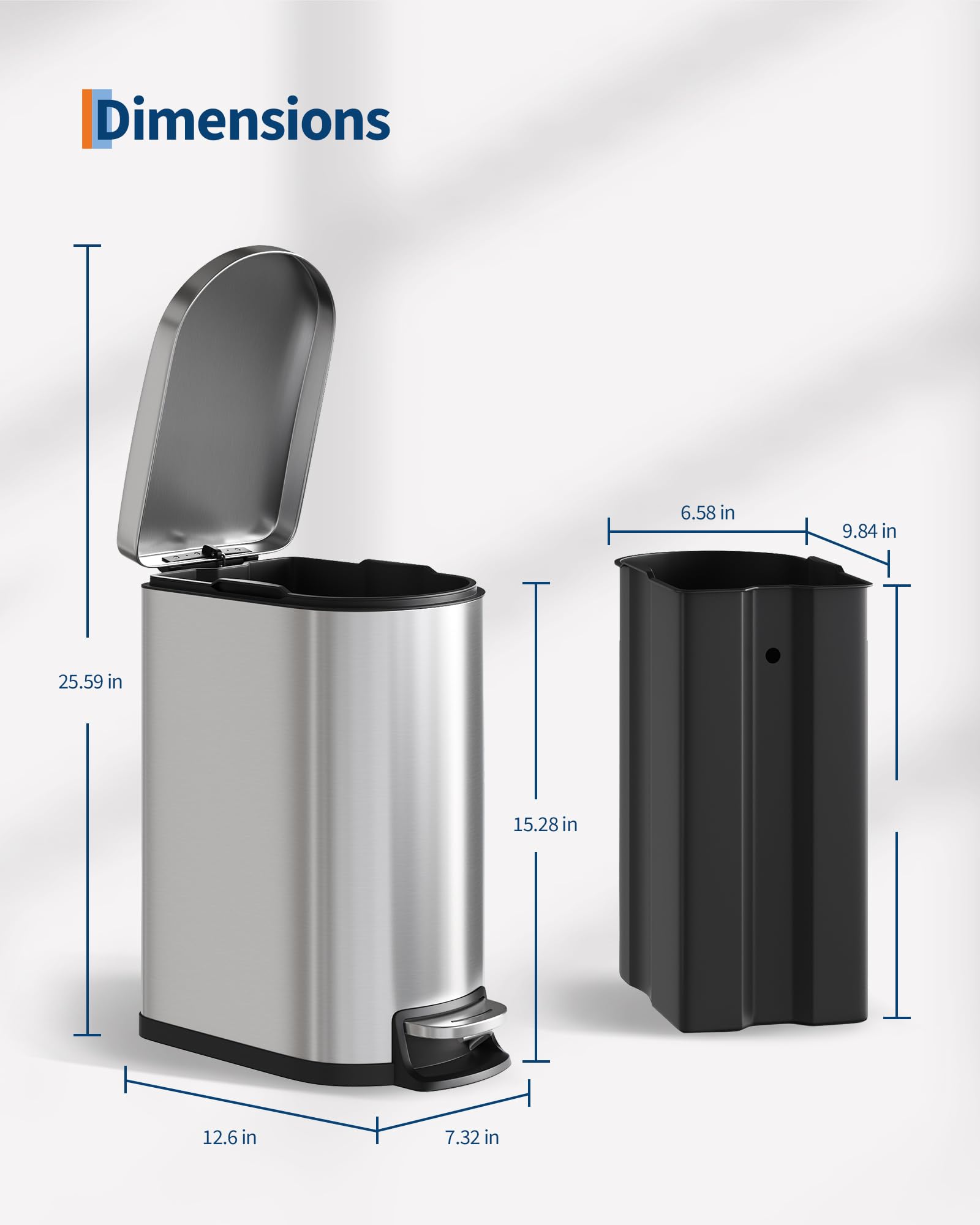 Ensemble de poubelles Garvee 13 gal et 2,6 gal en acier inoxydable avec couvercle à fermeture douce pour la cuisine et la salle de bain, argenté, poignée ergonomique
