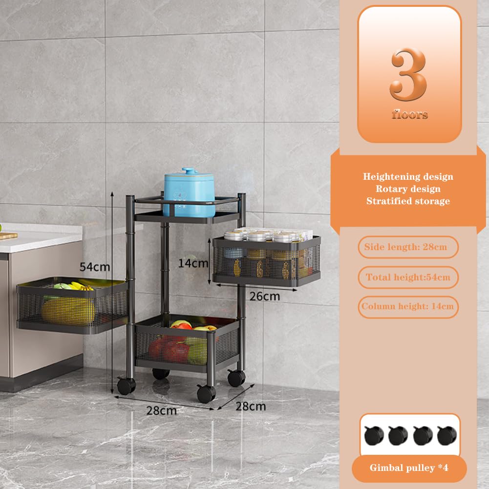 GARVEE Chariot de cuisine rotatif 3 niveaux en acier carbone avec roulettes, pour salle de bain, salon, légumes, snacks et ustensiles, noir