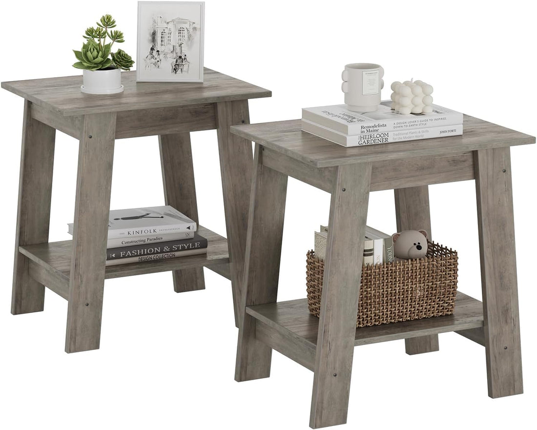 Ensemble de 2 tables d'appoint Garvee – 2 étagères, compactes, en bois et métal, robustes, grises