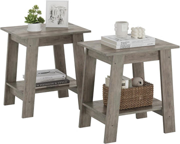 Ensemble de 2 tables d'appoint Garvee – 2 étagères, compactes, en bois et métal, robustes, grises