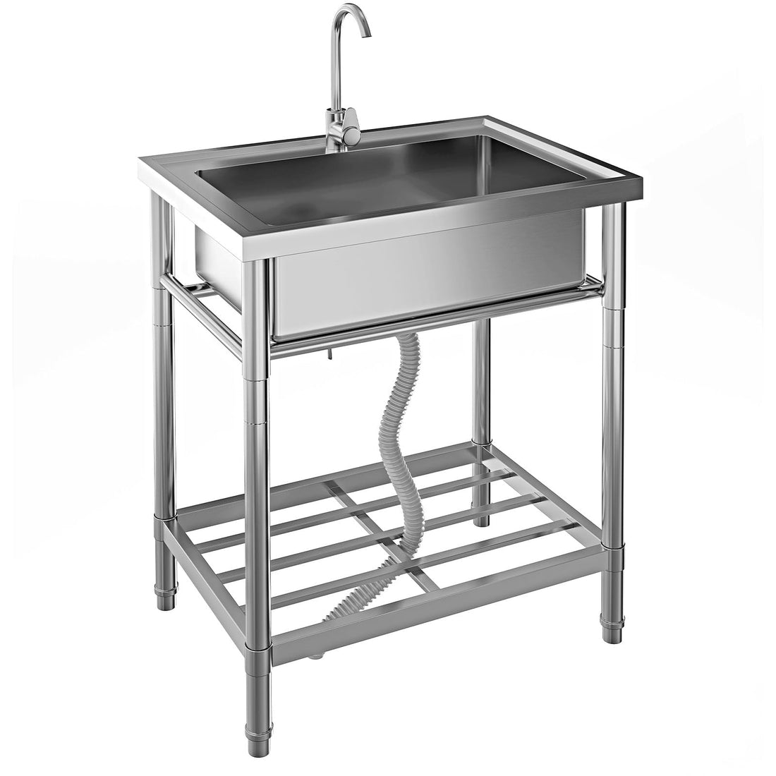 Garvee Évier sur Pied Inox 71 × 50 × 87 cm, Bac Unique, Robinet Pivotant 360°, Étagère de Rangement, pour Cuisine et Garage