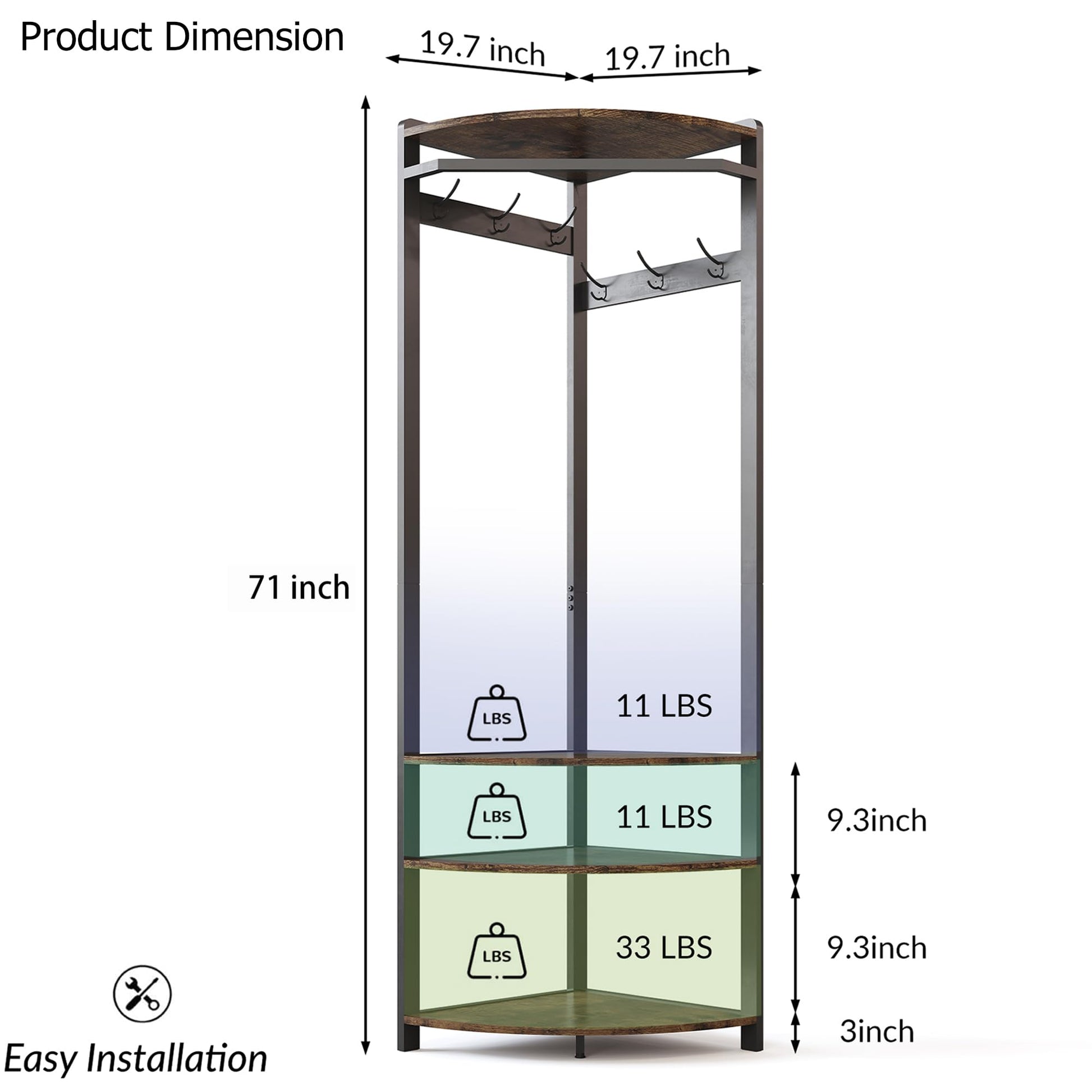 Armoire d'angle Garvee avec banc à chaussures, 6 crochets doubles, en bois, structure robuste anti-basculement, idéale pour l'entrée et le couloir, gain de place, 180 cm (70,8 pouces), marron