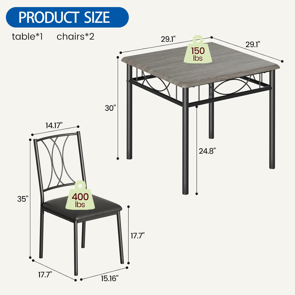 Ensemble de salle à manger Garvee 3 pièces pour 2 personnes, table carrée avec chaises rembourrées, bois MDF, gris rustique, compact pour cuisine et salle à manger
