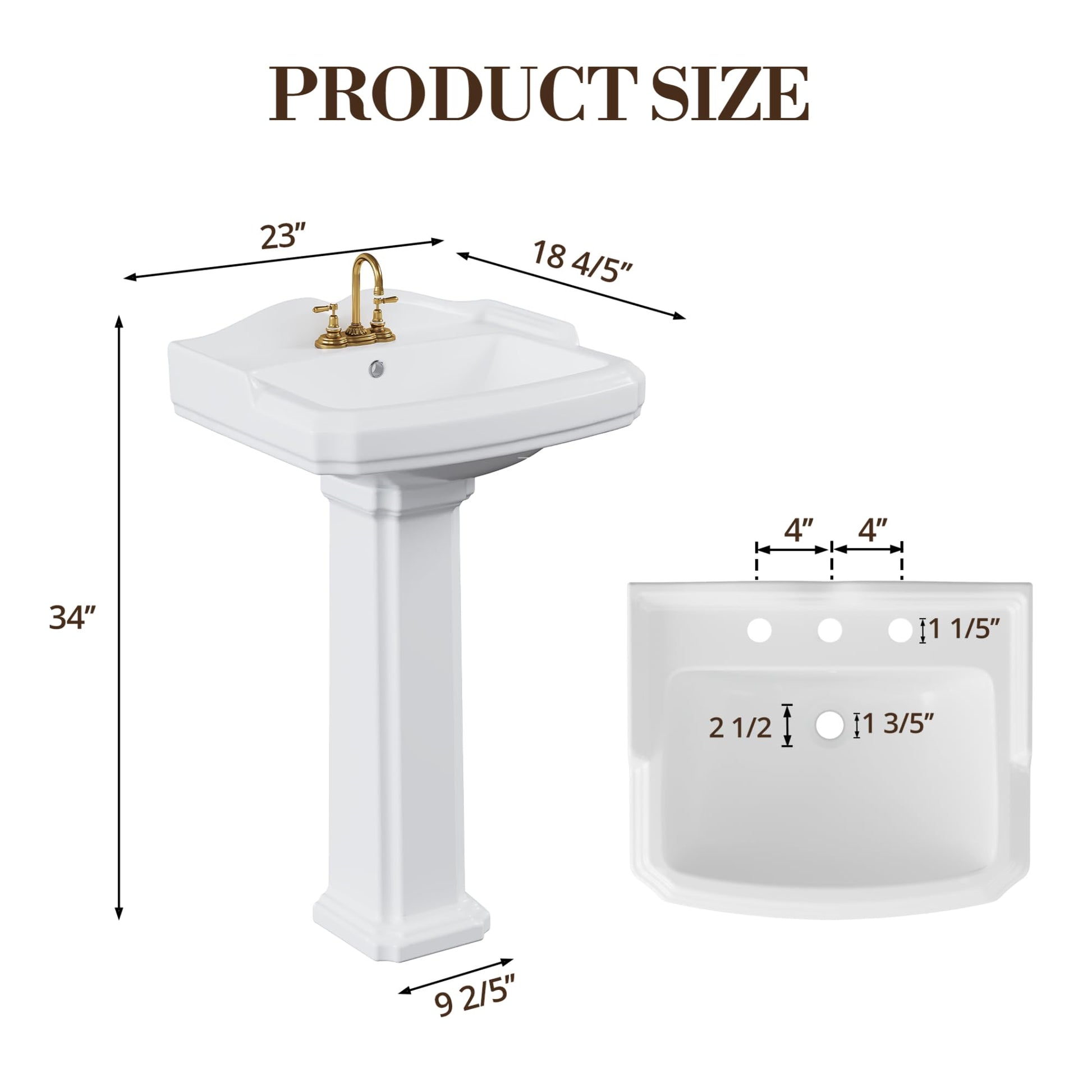 Lavabo sur pied rectangulaire en céramique Garvee 23 x 19 pouces avec robinet à 3 trous et trop-plein pour salle de bain moderne, blanc