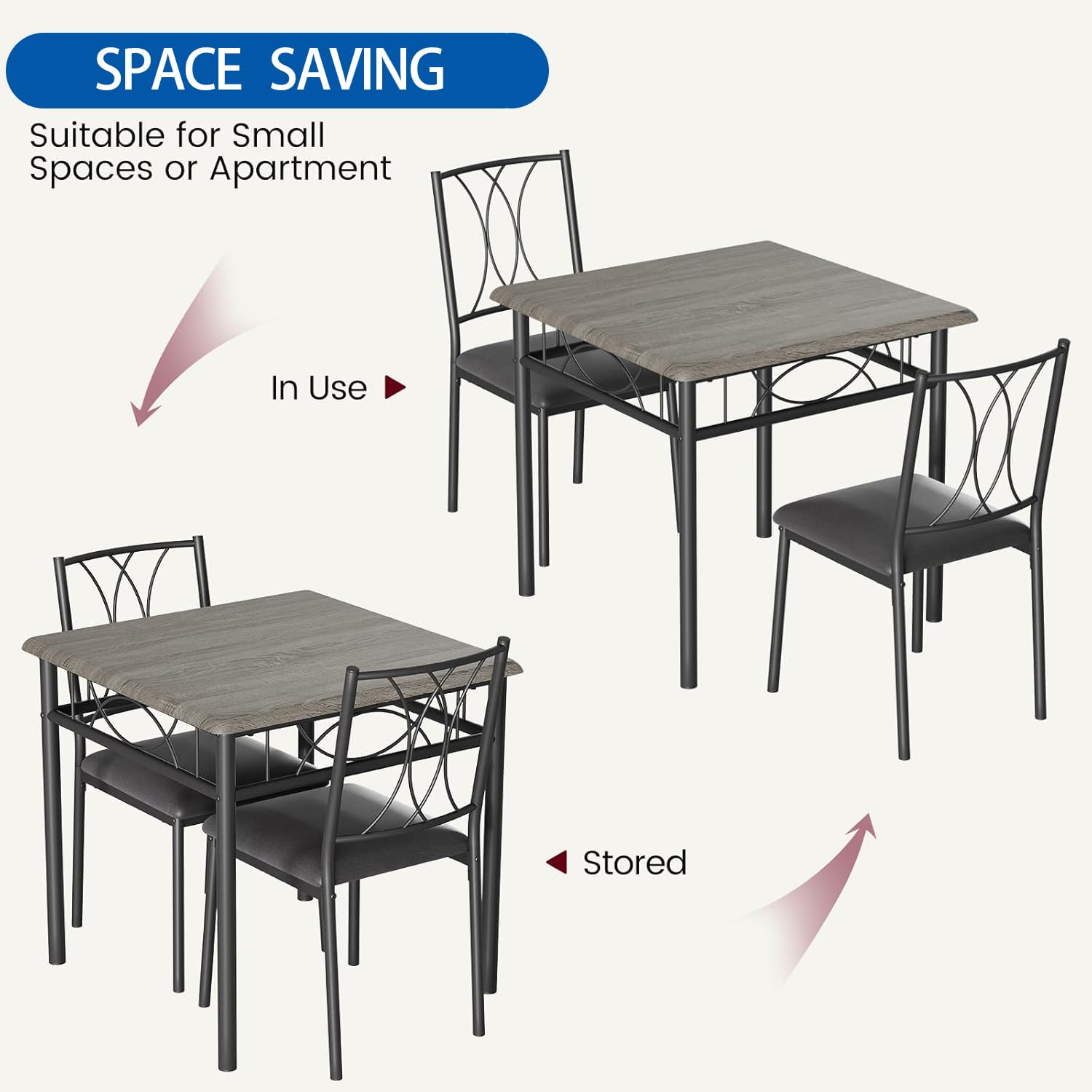 Ensemble de salle à manger Garvee 3 pièces pour 2 personnes, table carrée avec chaises rembourrées, bois MDF, gris rustique, compact pour cuisine et salle à manger