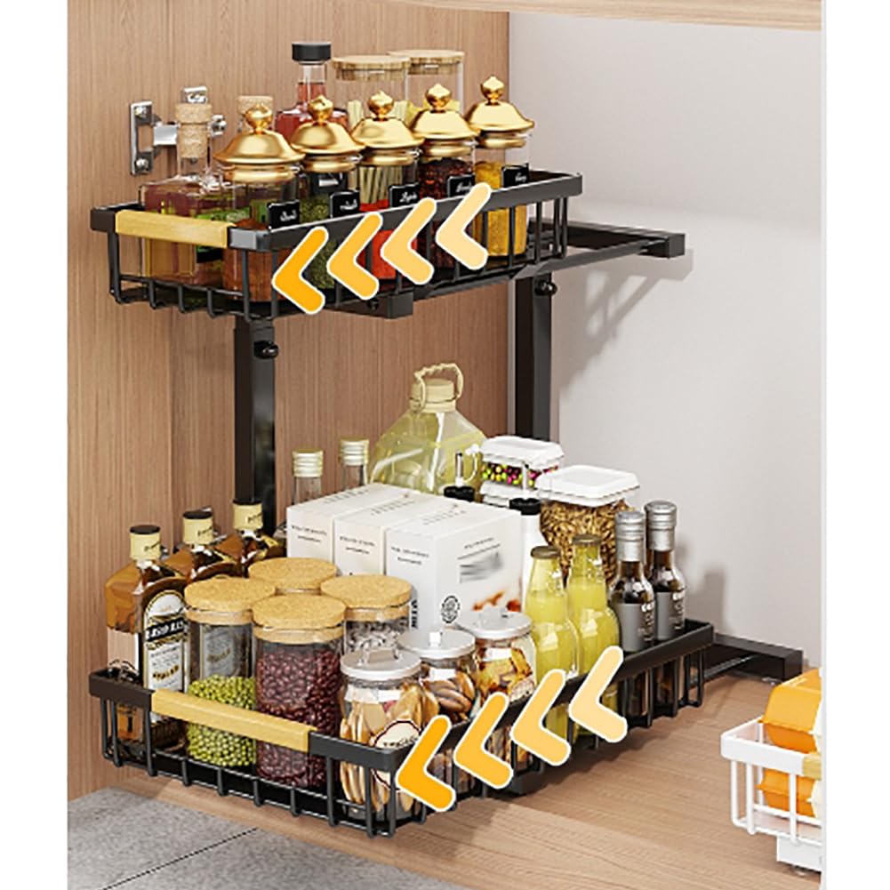 Étagères extensibles sous évier Garvee, en métal, réglables en hauteur, pour cuisine et salle de bain, noires, en forme de L