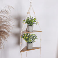 Étagère suspendue d'angle à 2 niveaux Garvee avec corde, support pour plantes style bohème rustique en bois, réglable pour salon et jardin