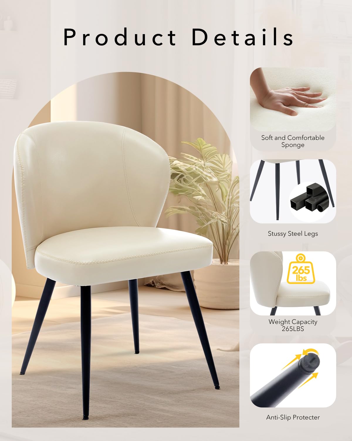 Garvee Ensemble de 2 chaises de salle à manger , ergonomiques, en cuir, pieds en acier, pour la cuisine et la salle à manger, hauteur d'assise de 59 cm (23,2 po), couleur neutre