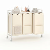 Garvee Panier à Linge avec Étagère, 3 Sacs Amovibles, Roulettes Verrouillables pour Salle de Bain, 84cmL x 30cmW x 76,5cmH, Bois et Tissu