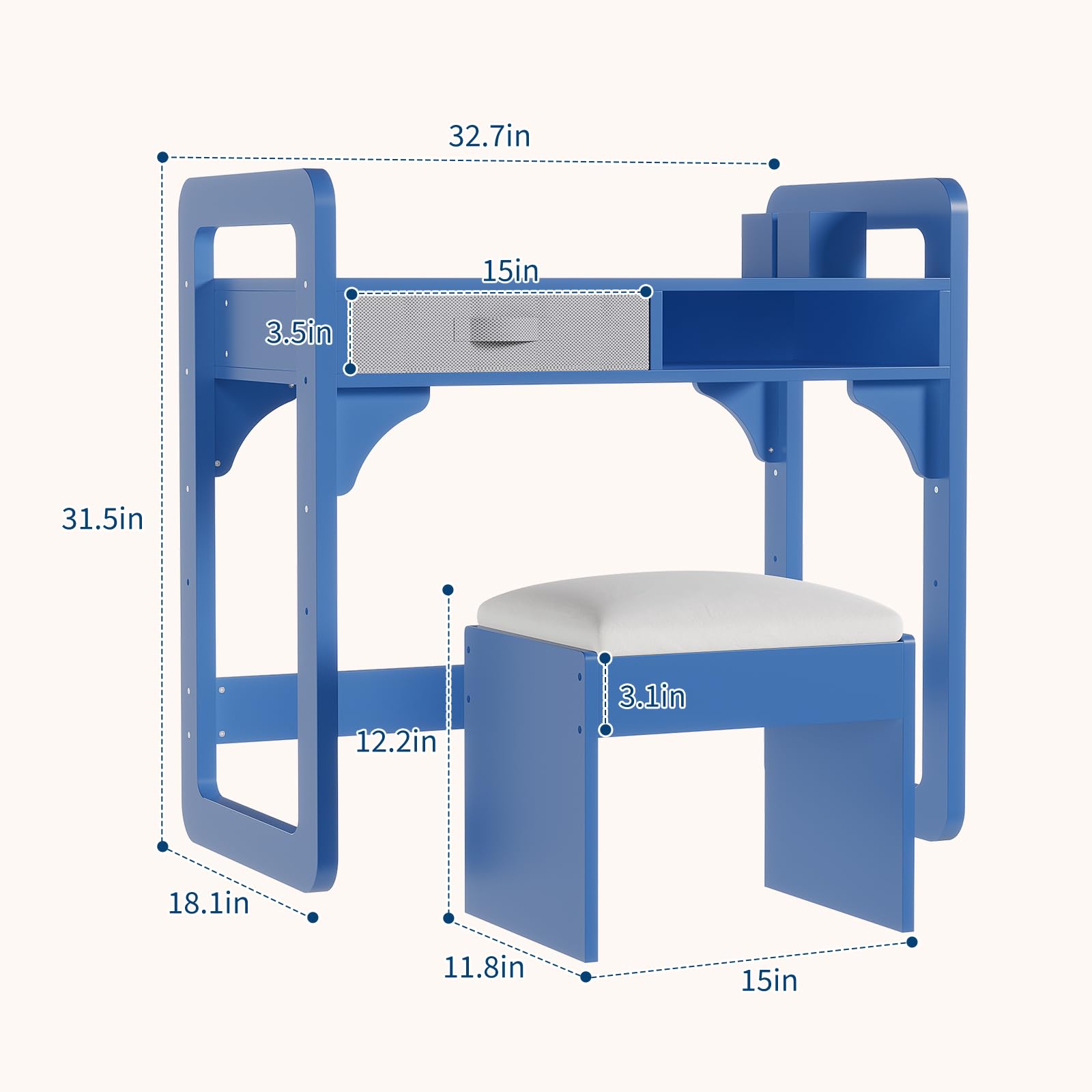 Ensemble bureau enfant Garvee avec rangement, tabouret rembourré, bois, robuste et durable, bleu, pour chambre d'enfant