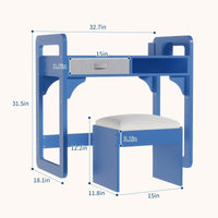 Ensemble bureau enfant Garvee avec rangement, tabouret rembourré, bois, robuste et durable, bleu, pour chambre d'enfant
