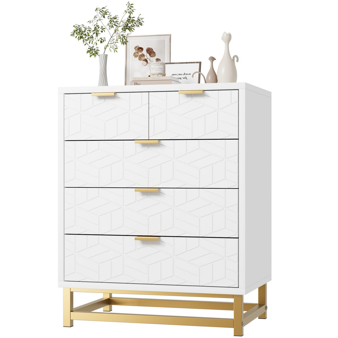 Commode Garvee blanche à 5 tiroirs, structure en métal, style moderne, grande taille pour le salon et le couloir.