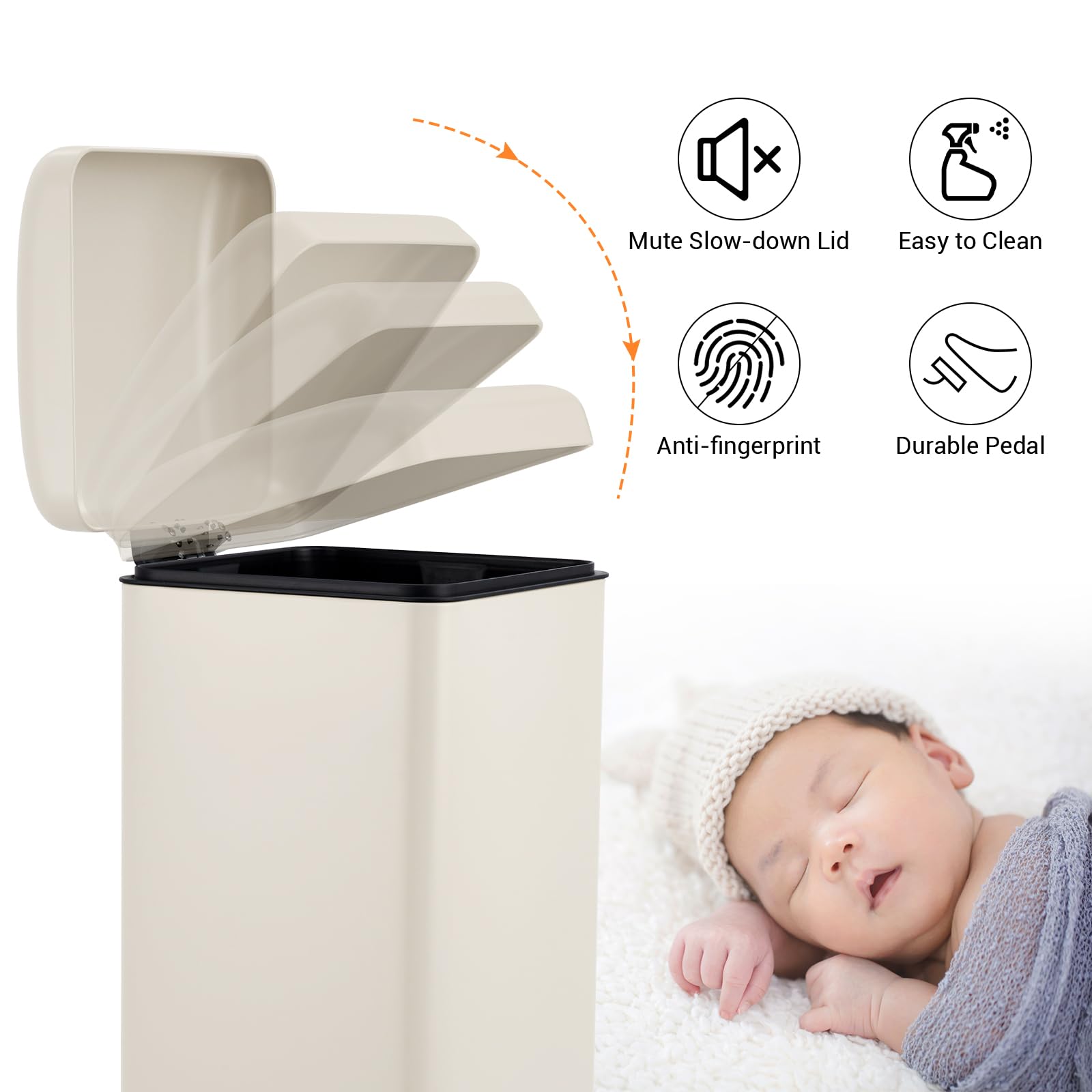 Poubelle rectangulaire Garvee 8 gal/30 L en acier inoxydable avec couvercle à fermeture douce, idéale pour la cuisine et la salle à manger. Revêtement anti-traces de doigts et seau intérieur inclus.