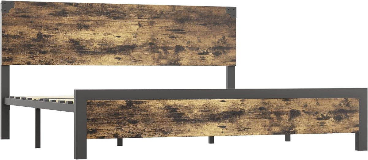 Garvee Cadre de lit Queen avec tête de lit en bois, silencieux, pieds en métal, lit plateforme avec rangement, marron rustique, chambre à coucher