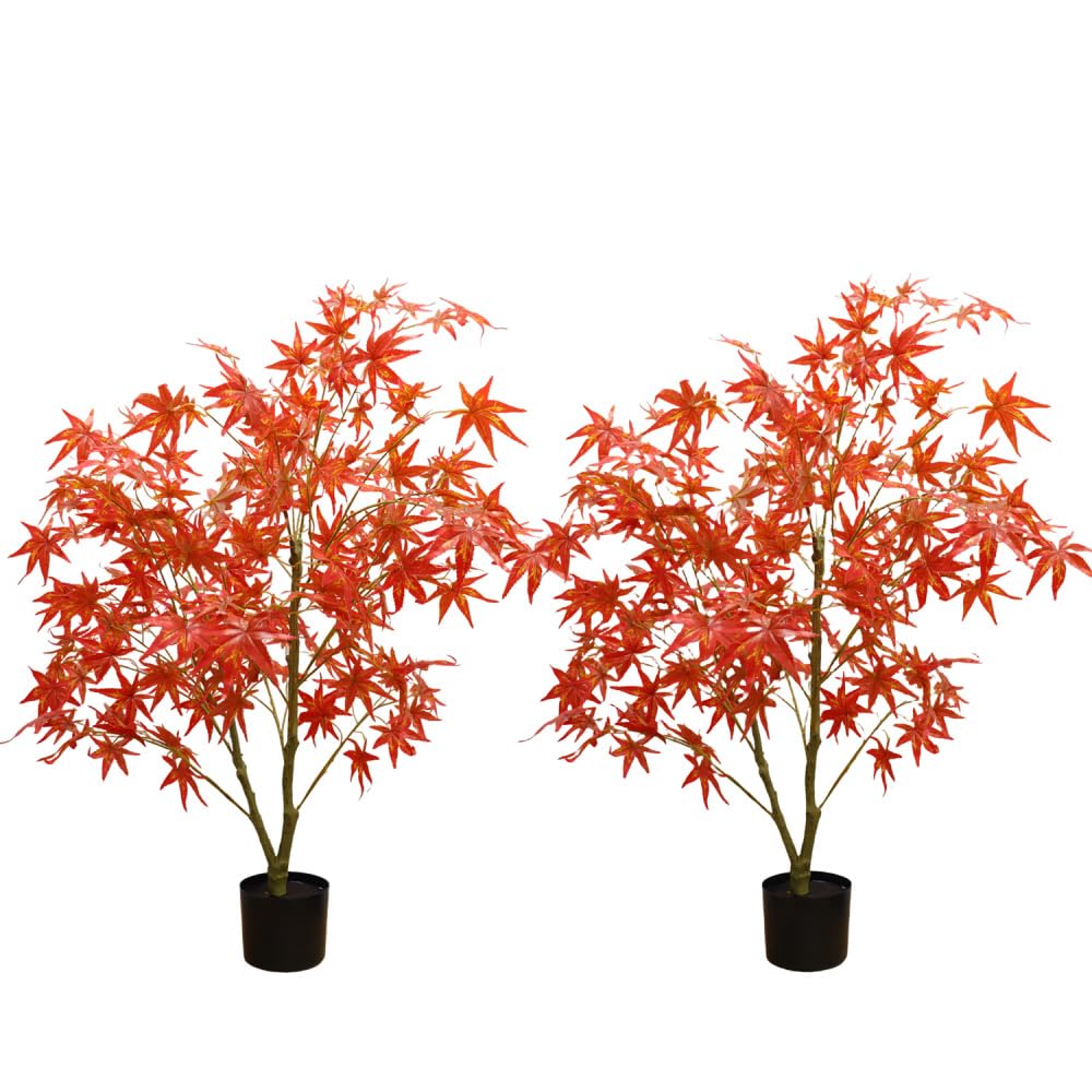 Garvee Ensemble de 2 pièces : érable artificiel de 1,20 m avec feuilles d'automne et pot de plantation, idéal pour la décoration et les fêtes d'automne (rouge).