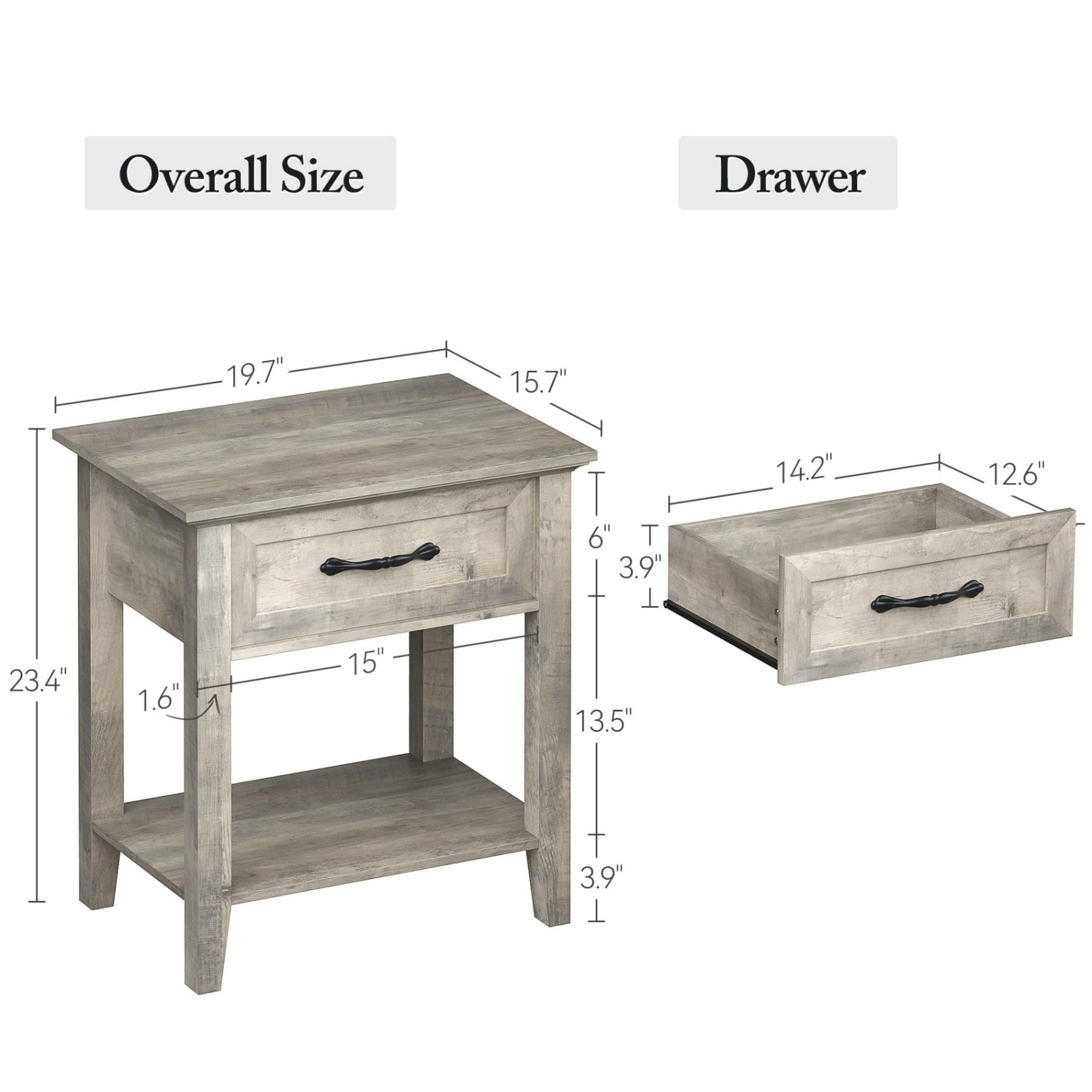 Table de chevet Garvee grise avec tiroir, rangement à 2 niveaux pour chambre et salon, 50 x 40 x 60 cm, bois durable