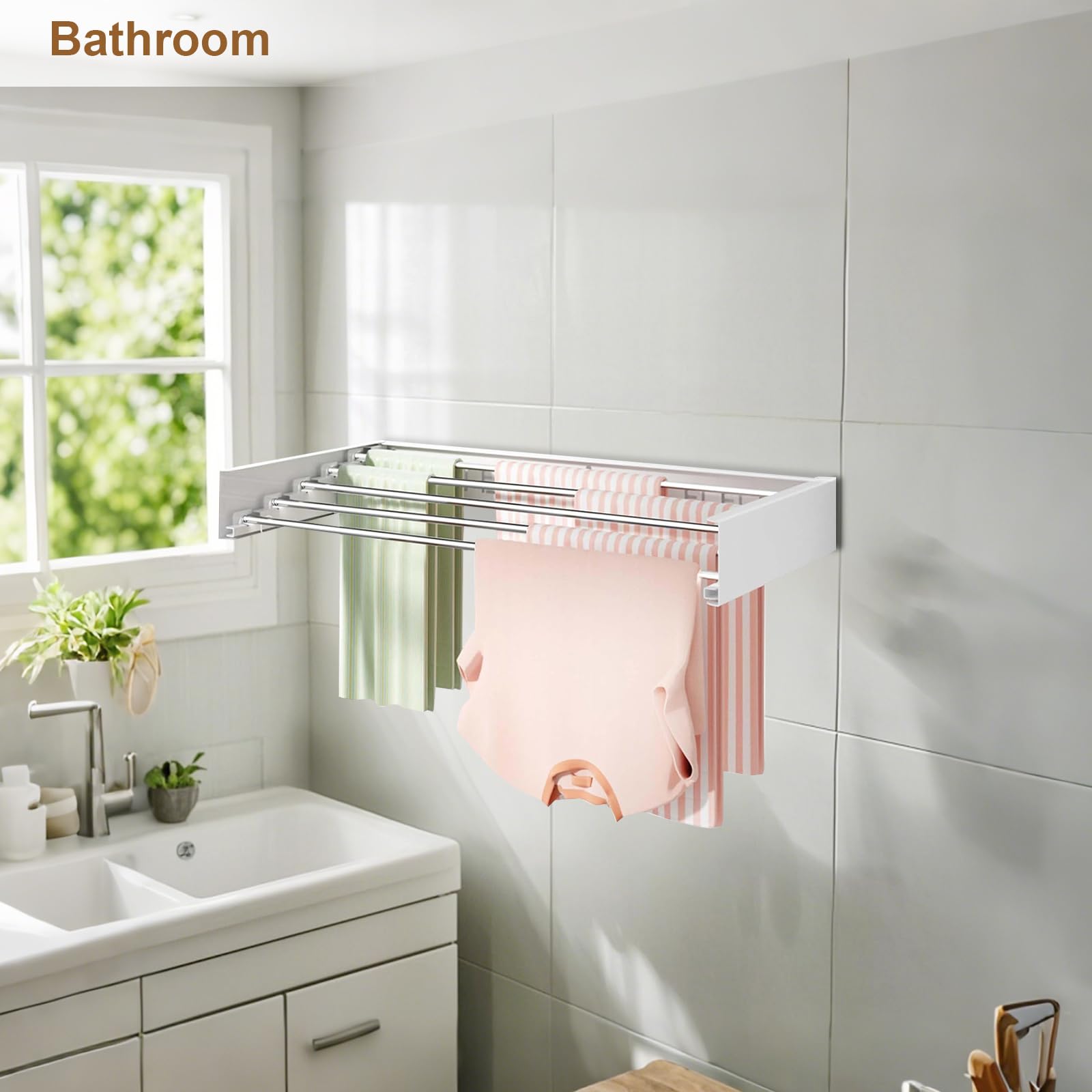 Étendoir à linge mural Garvee avec 6 barres en aluminium, pliable, pour salle de bain et buanderie, gain de place, stable, blanc