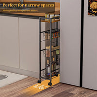 Chariot à roulettes Garvee Slim à 4 niveaux avec plateau en bois, structure robuste en acier, pour la cuisine et la salle de bain, largeur 19,5 cm, noir